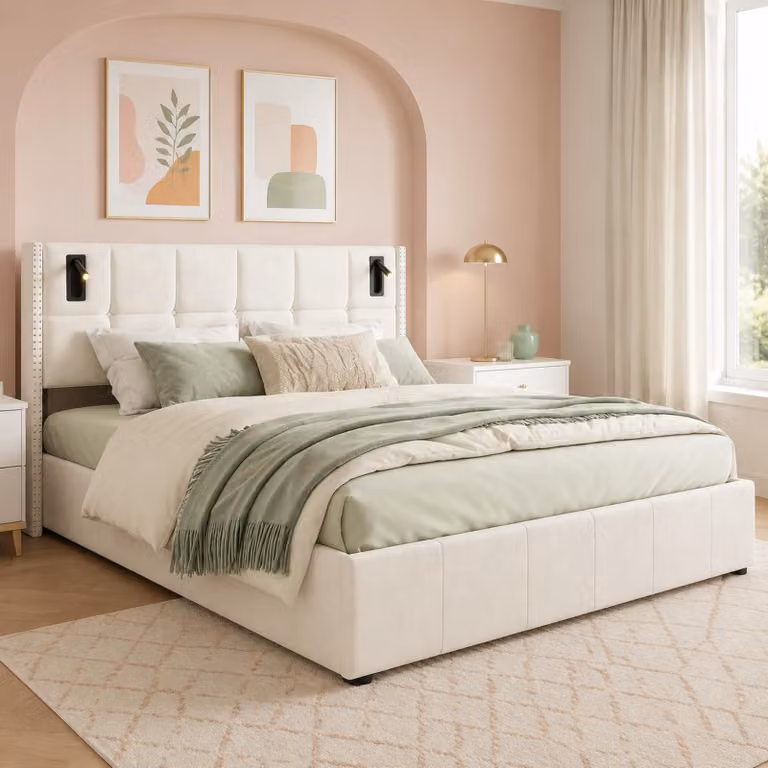 Letto imbottito INONEFT 160x200 cm con LED e porta USB di tipo C, letto con struttura a molle, contenitore portaoggetti e rete a doghe, letto matrimoniale per giovani con spazio contenitivo, rivestito in velluto color beige