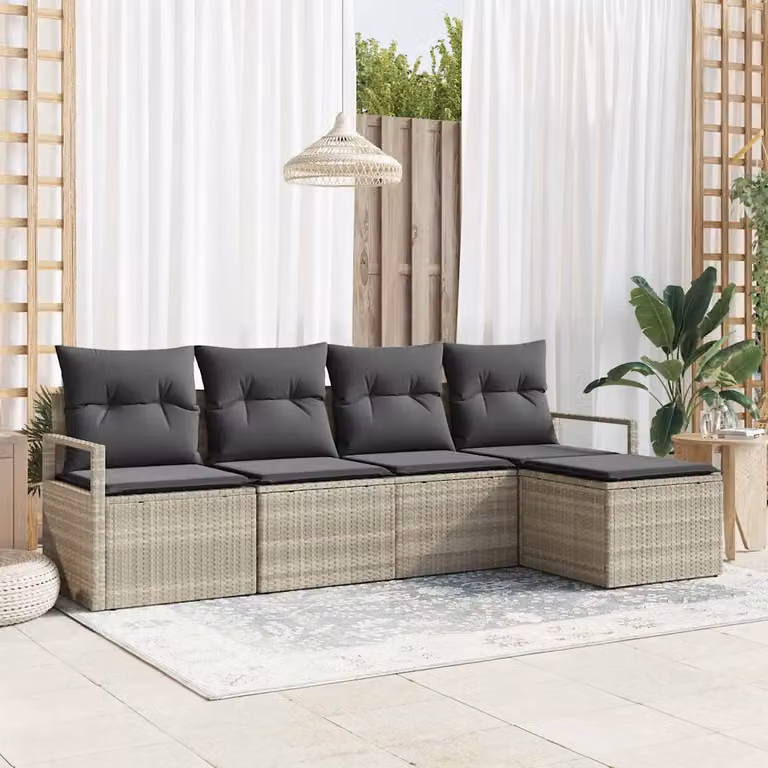 Set di divani da giardino vidaXL a forma di L in rattan grigio con cuscini e pouf