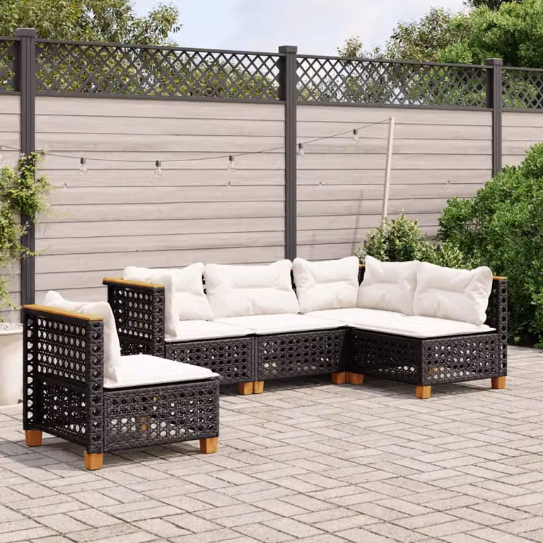 vidaXL Set Divani da Giardino a L 5 pz in Polyrattan Nero con Cuscini e Rivestimenti Rimovibili