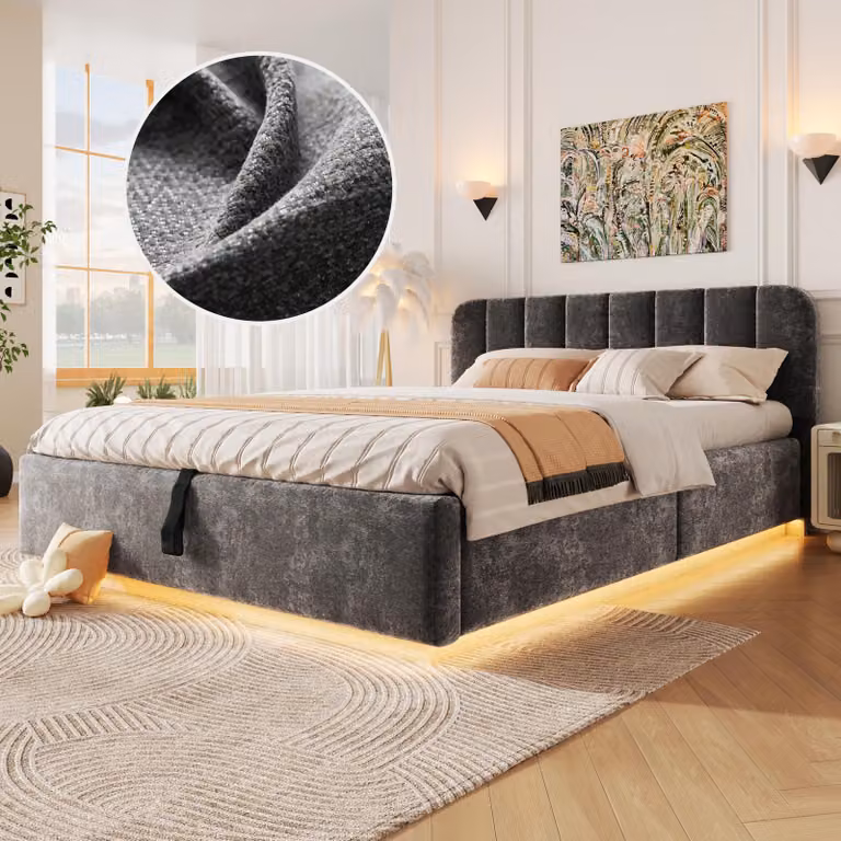 Letto imbottito 140 x 200 cm con contenitore a sollevamento idraulico, illuminazione a LED, rete a doghe e testiera imbottita, colore antracite effetto velluto