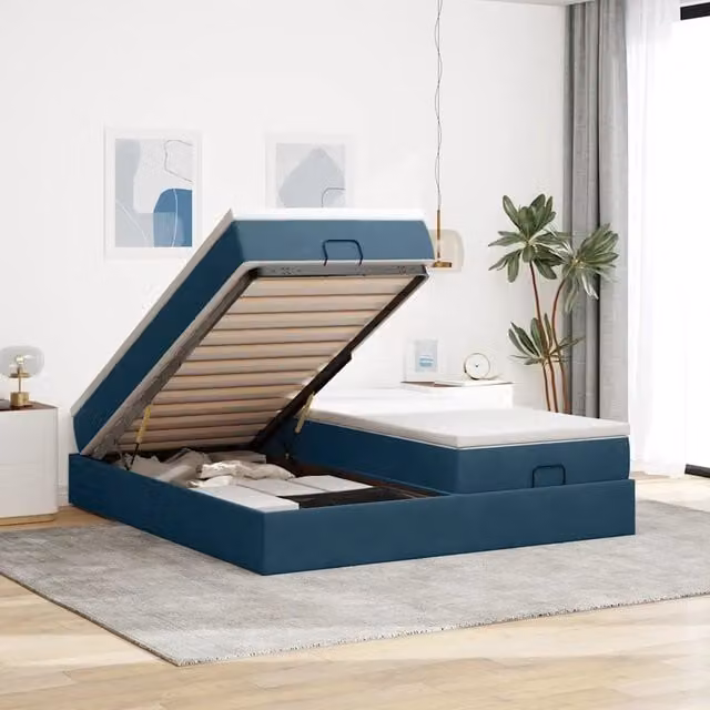 Letto con contenitore a sollevamento vidaXL in velluto blu e bianco con materasso L 180 x P 200 x H 203 cm – 1