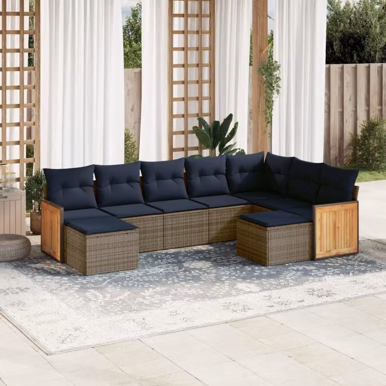 Set Divani da Giardino vidaXL 9 pz in Polyrattan Grigio con Cuscini e Struttura in Legno di Acacia