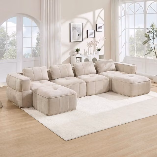 Divano modulare 344x162x67 cm senza telaio antiscivolo in poliestere beige