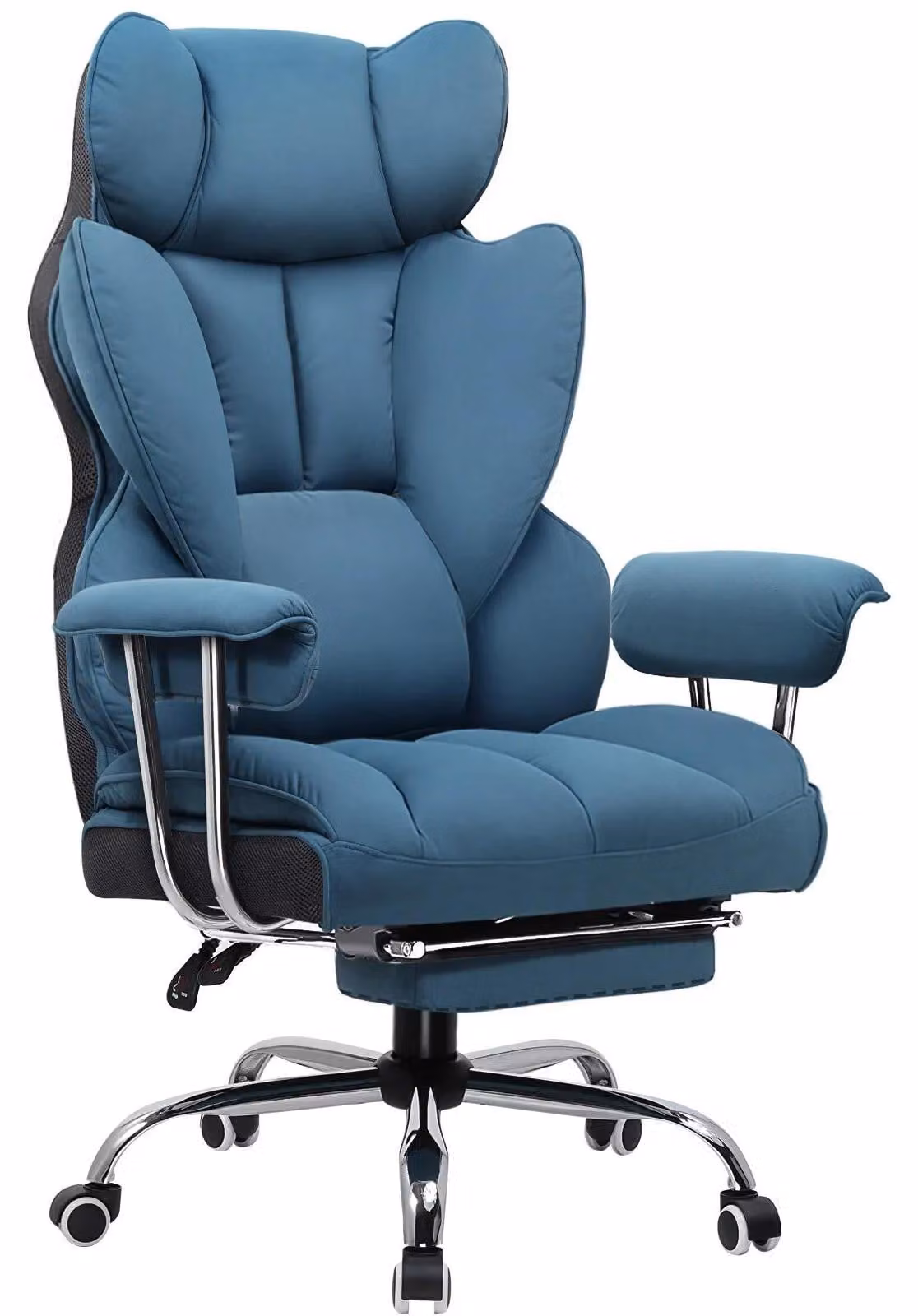 Sedia da gaming - Sedia da ufficio ergonomica - Rivestimento in tessuto - Poggiapiedi estraibile - Regolabile in altezza - Rotazione a 360° - Rotelle - Portata massima 150 kg - Blu