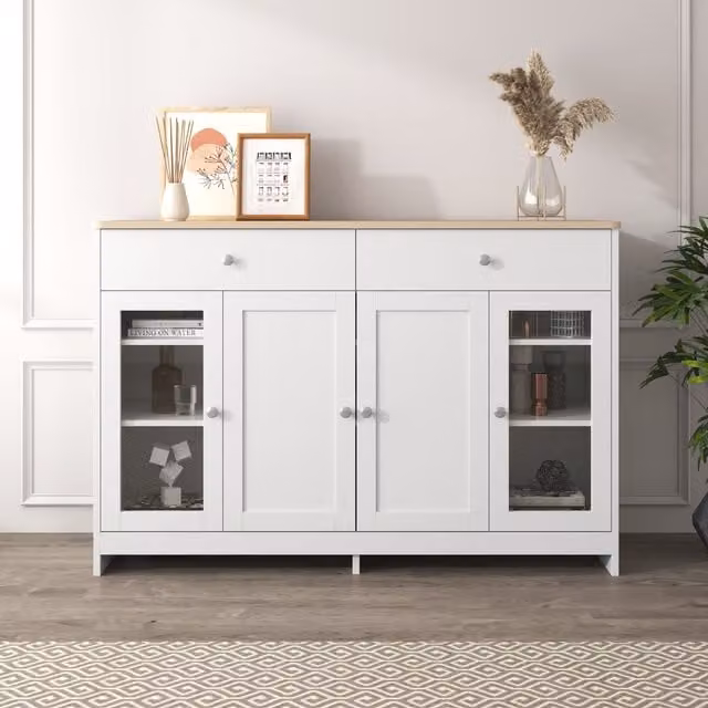 Credenza Moderna Aosom con 4 Ante in Vetro, 2 Cassetti e Ripiani Regolabili in Legno, Bianco – 1