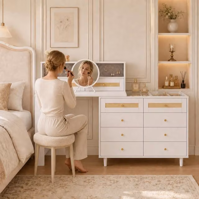 Toeletta con 10 cassetti, vano portagioie e piano in vetro per camera da letto, in MDF, 105×50×107.5 cm, bianca