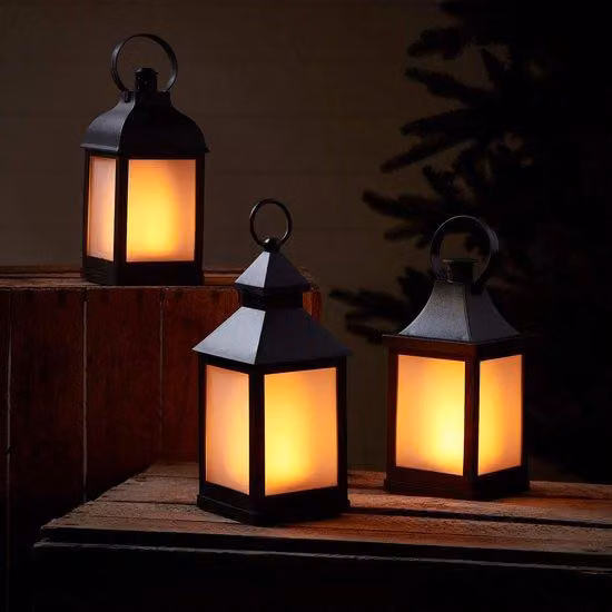 Set di 3 lanterne LED impermeabili con effetto fiamma, timer a 6 ore, 21 LED ambrati, alimentate a batteria, altezza 25 cm, larghezza 10 cm