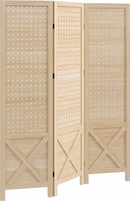 Paravento interno HOMCOM a 3 pannelli forati in legno naturale, divisore di ambienti pieghevole, L: 114 cm, H: 144,5 cm, P: 1,7 cm – 1