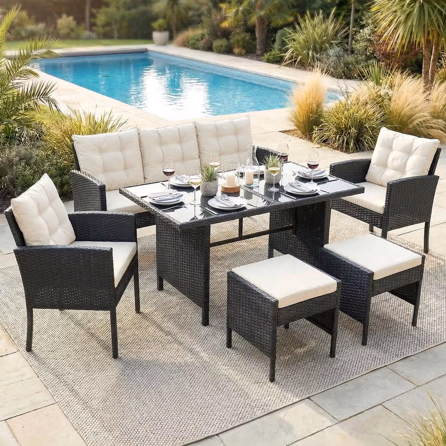 Set di mobili da giardino in polyrattan Tavolo da pranzo Lounge Set di sedute Set da giardino 1x tavolo + 2x sedie + 1x panca + 2x sgabelli - nero
