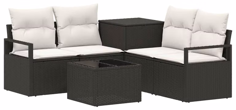 Set di divani da esterno, 6 pezzi. Colore: nero e crema. Materiali: rattan sintetico e acciaio