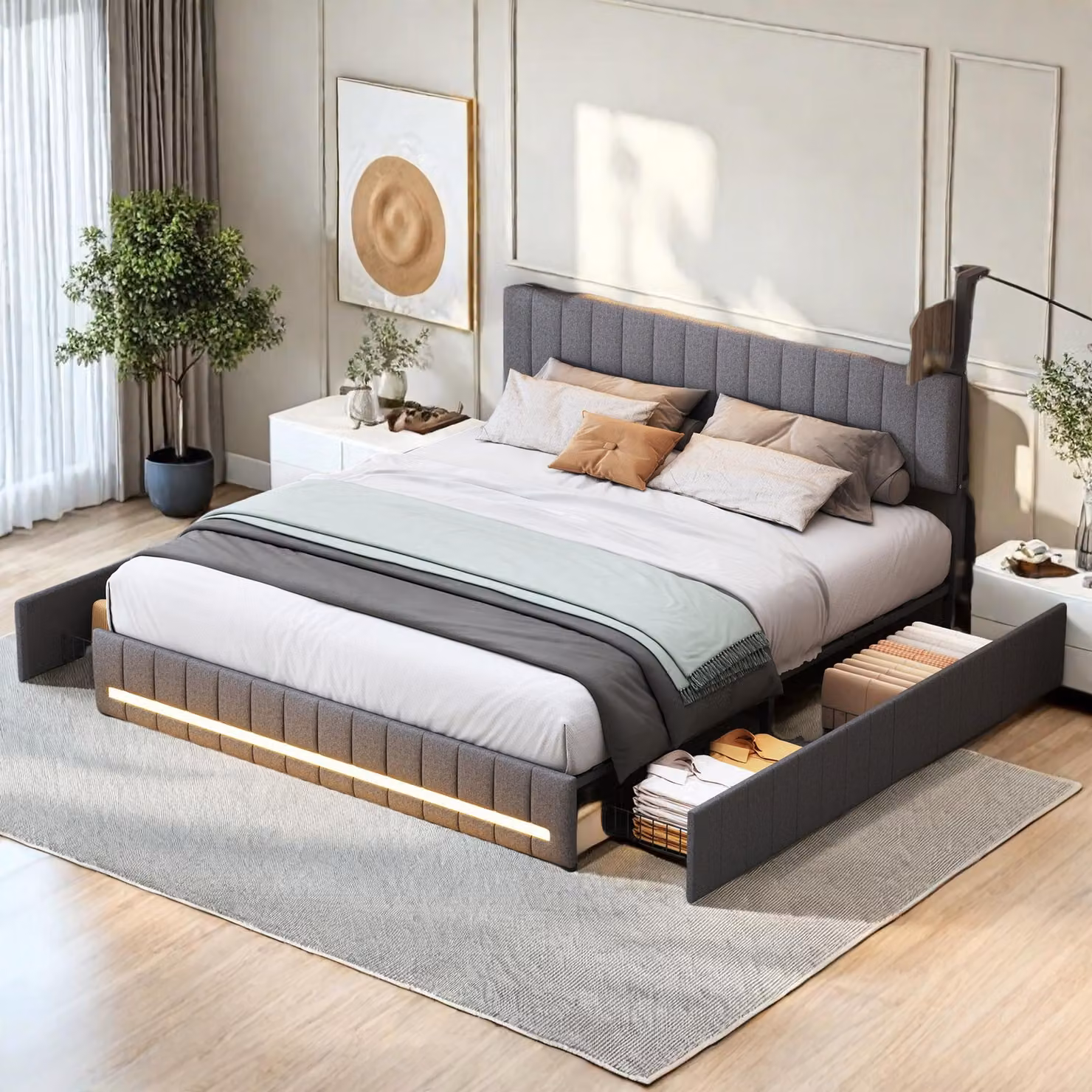 Struttura letto matrimoniale grigia 140x190 cm, rete a doghe, imbottita con contenitore per la testata, 4 cassetti integrati e facile montaggio