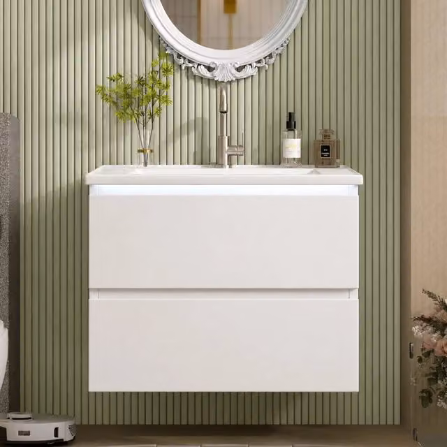 Lavabo sospeso 61x46x45cm bianco, laccato di qualità, con lavandino integrato, luce LED a sensore radar, 2 cassetti con guide silenziose, design minimalista