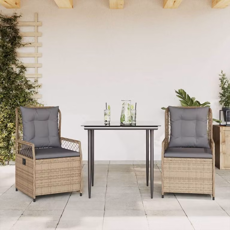 Set da Pranzo da Giardino 3 pz vidaXL in Polyrattan con Cuscini Beige e Tavolo in Vetro