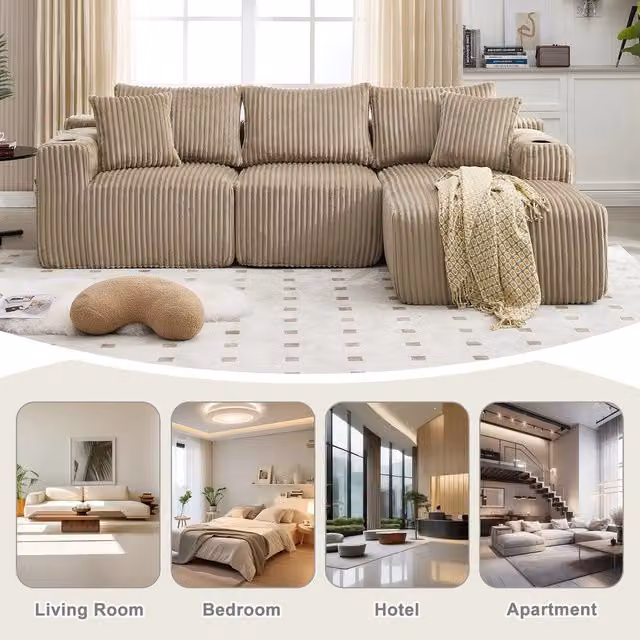Divano angolare chaise longue 2 posti ¨C Minimal ¨C Velluto marrone con cuscini contenitore 180x120x85