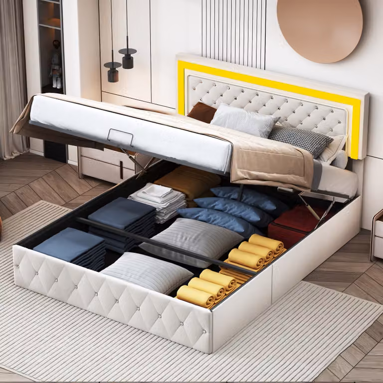 CDGlobal letto imbottito 140x200cm con LED, letto per ragazzi letto singolo con rete a doghe, letto a molle idrauliche con rete e contenitore, letto matrimoniale in velluto letto contenitore letto funzionale, beige