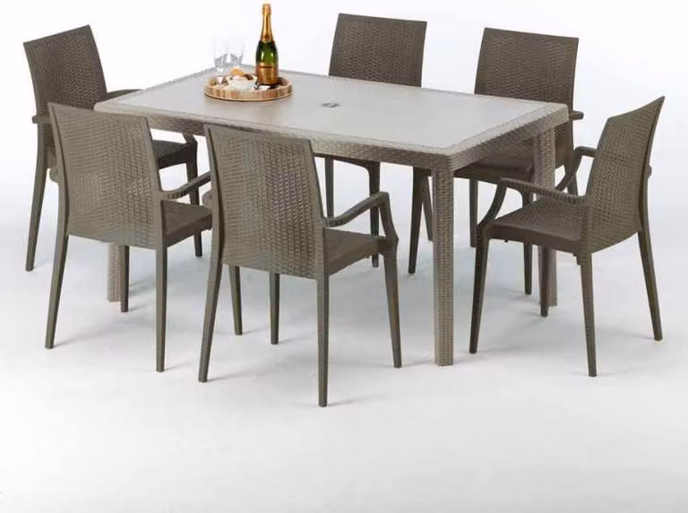 Tavolo rettangolare in polyrattan con 6 sedie colorate 150x90 Beige Marion