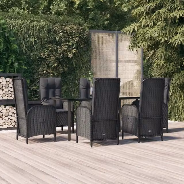 Set da Pranzo da Giardino Moderno vidaXL in Polyrattan Nero con Cuscini e Tavolo in Vetro, 7 Pezzi