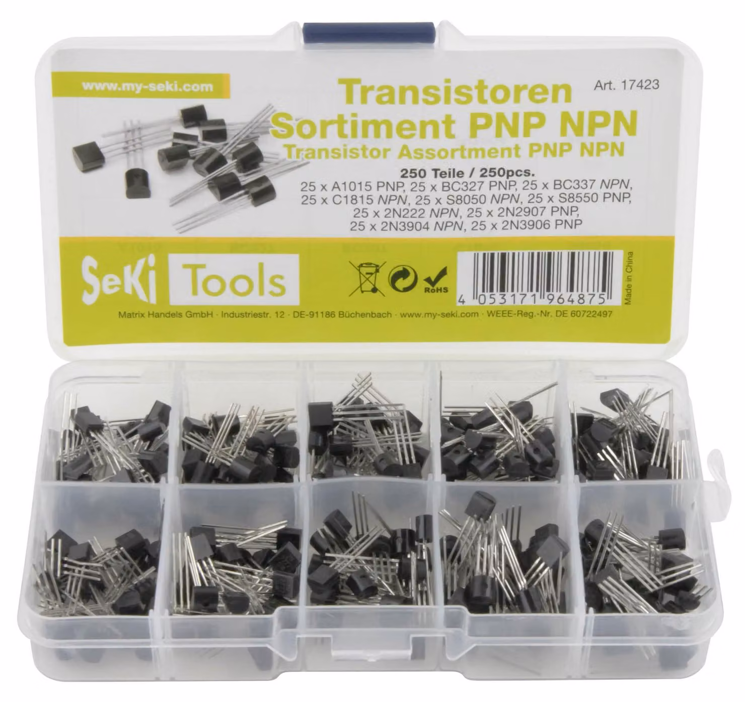 Assortimento di transistor, 250 pezzi, 10 valori, involucro TO-92, transistor bipolari a giunzione