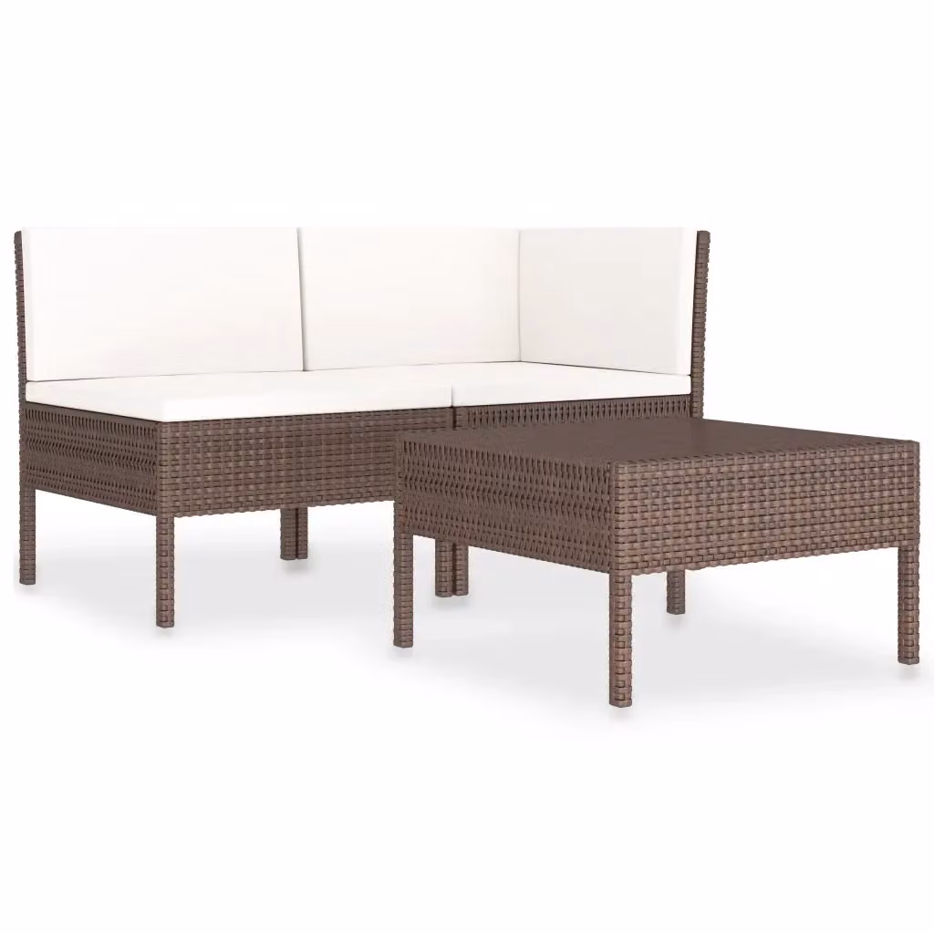 Set da giardino moderno vidaXL composto da 3 pezzi con divano ad angolo a sinistra, tavolino da caffè e cuscini bianchi in rattan marrone con struttura in acciaio verniciato a polvere – 2