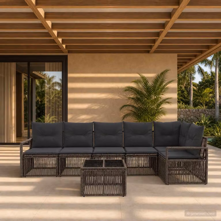 Set Divano da Giardino vidaXL 7 pz Grigio con Poltroncina, Elemento Angolare, Tavolino e Cuscini Imbottiti in Polyrattan e Metallo