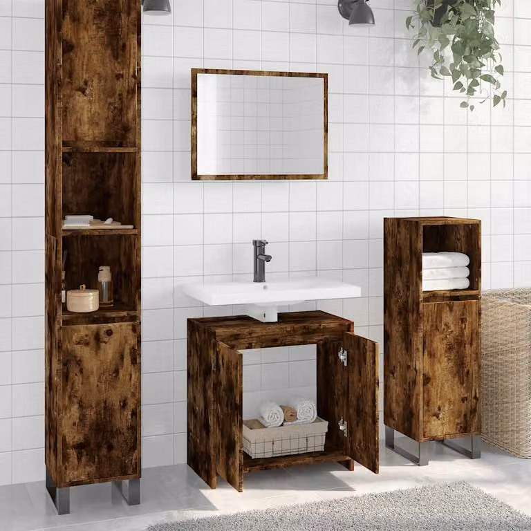 Set Mobili da Bagno Moderno vidaXL in Legno Rovere Marrone composto da Base Lavabo e Armadietto Specchio a Parete