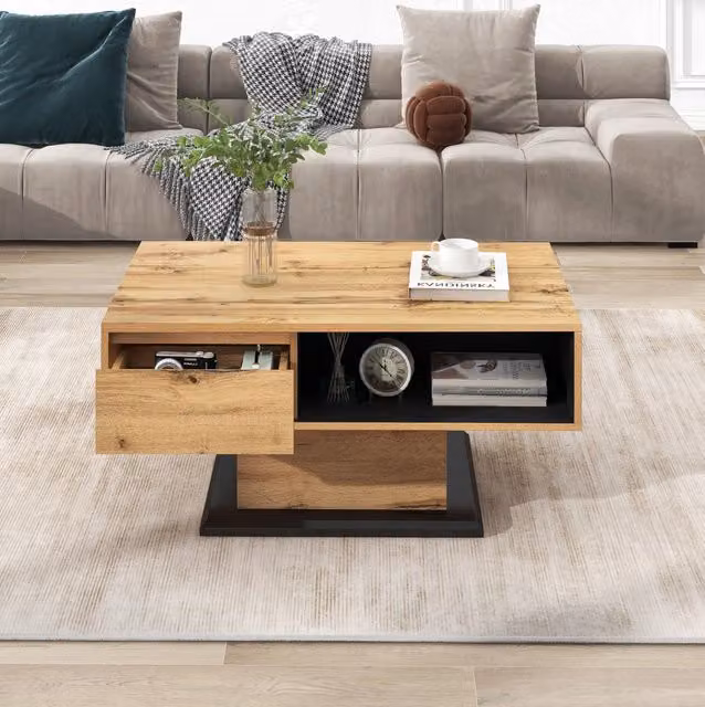 Tavolino da salotto in truciolato effetto rovere con cassetto senza maniglia e doppio spazio contenitore, 100x47x60 cm