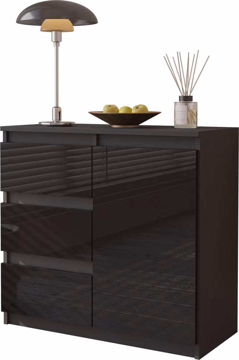 FURNICA - MIKEL - Cassettiera / credenza con 3 cassetti e 1 anta - antracite / nero lucido H75cm L80cm P35cm