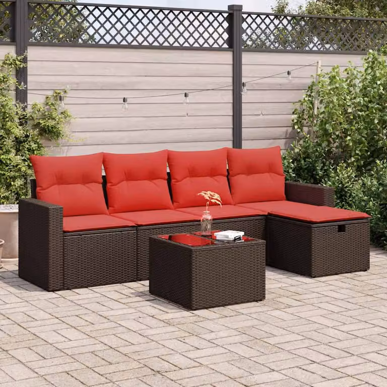 Set Divano da Giardino a L vidaXL 6 pz in Polyrattan Marrone con Cuscini e Tavolino