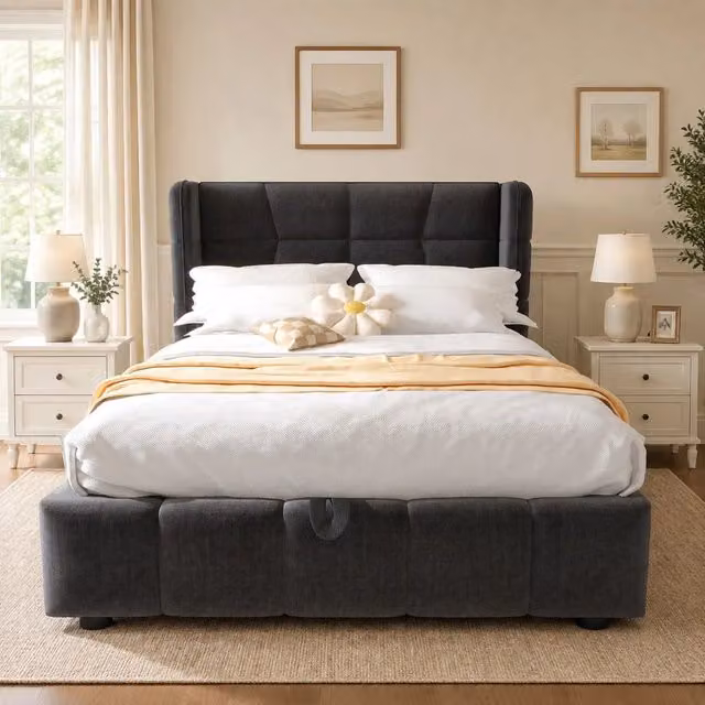 Letto singolo imbottito ULEVR 90x200 cm con contenitore sollevabile e testiera laterale ampia, grigio
