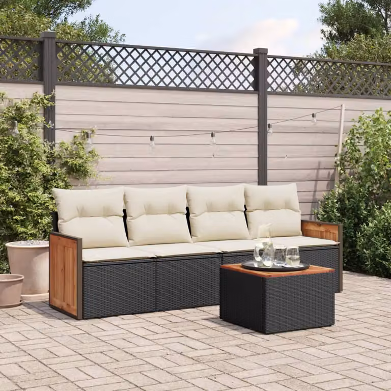 vidaXL Set Divani da Giardino 5 Pezzi con Tavolino e Cuscini in Polyrattan Nero e Acciaio