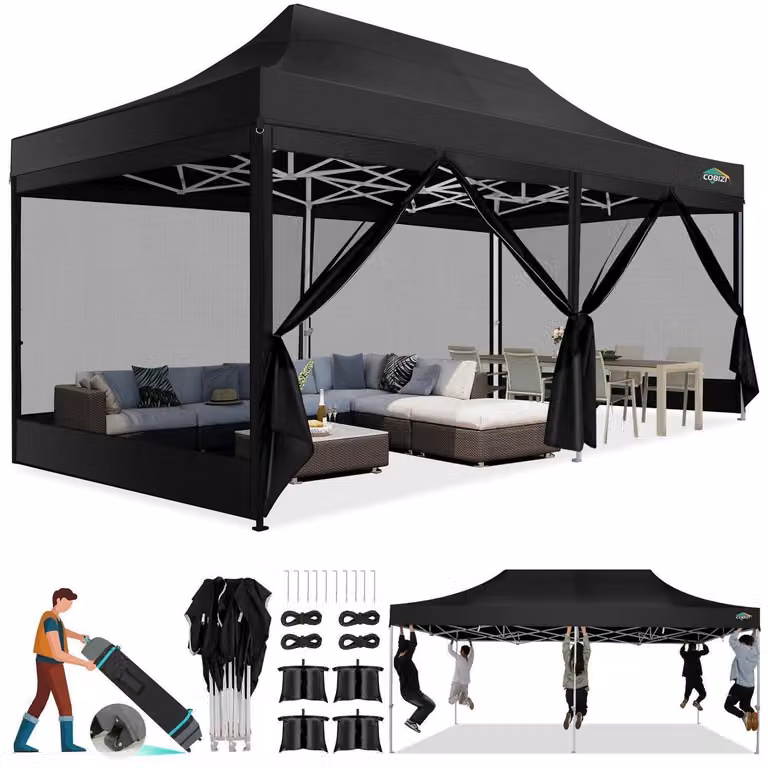 Tenda da giardino 3x6 metri, colore nero, impermeabile, con protezione UV 50+ e dotata di 6 pareti laterali in rete