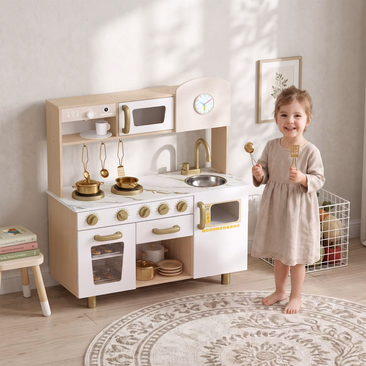 Cucina Giocattolo AIYAPLAY per Bambini con Macchina del Caffè Girevole, Fornelli, Rubinetto e Orologio, Bianco – 2