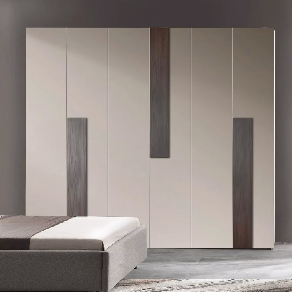 Set camera da letto completa Kendra Veriaffari con armadio 6 ante, letto contenitore imbottito e comodini, colore tortora e noce – 2