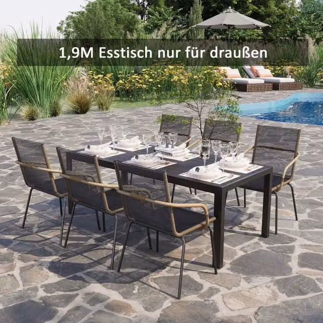 Tavolo da giardino con piano effetto legno resistente alle intemperie per esterni in alluminio nero 190 × 84,5 × 72 cm