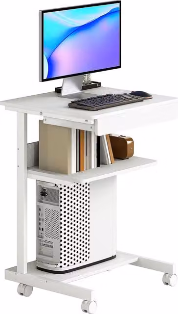 Scrivania per computer HOMCOM bianca con ruote, cassetto, compartimento e supporto CPU, L: 56 cm, P: 51 cm