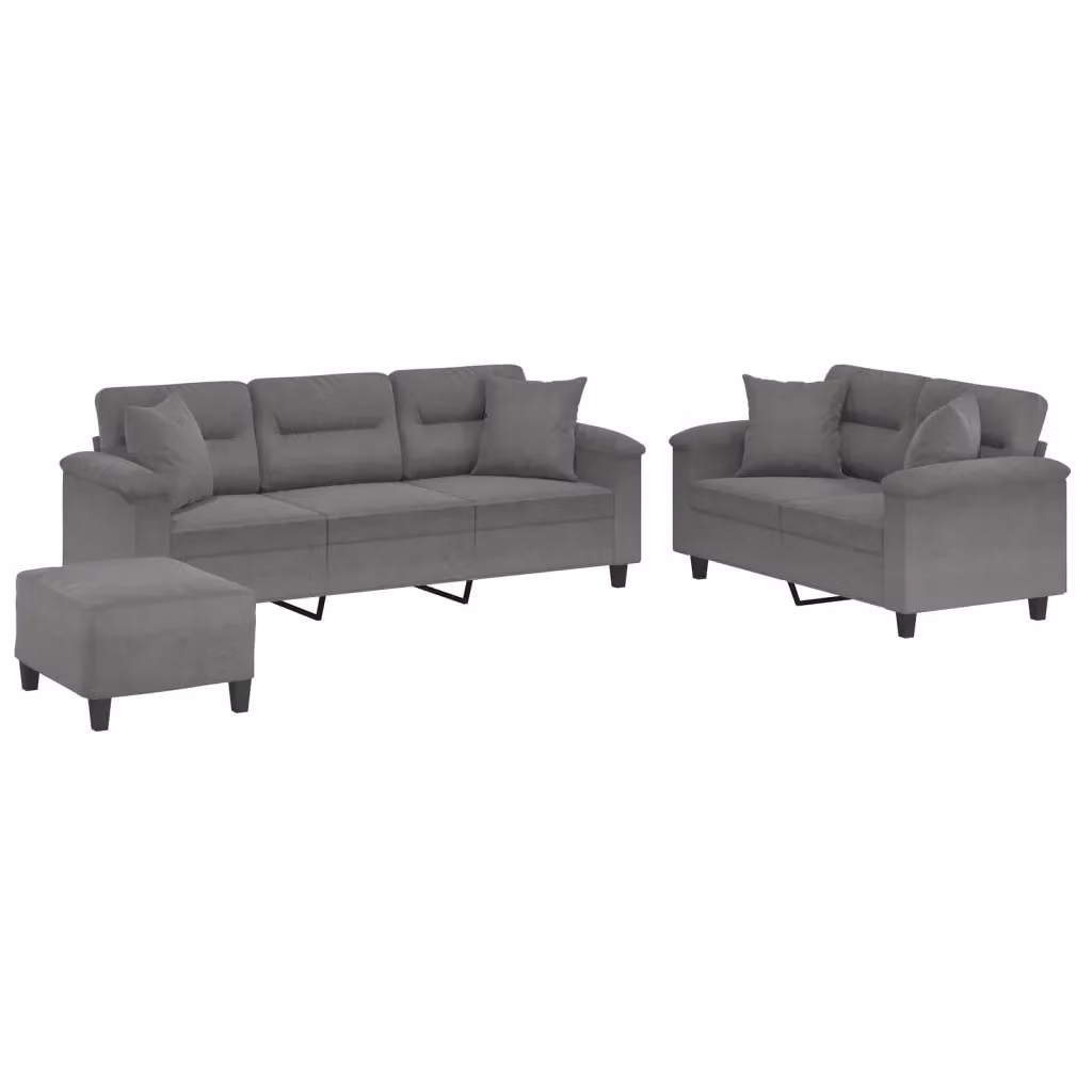 Set di Divani vidaXL in Microfibra Grigia con Pouf e Cuscini per Soggiorno Moderno – 2