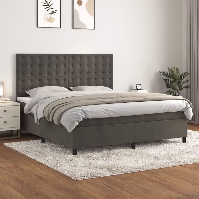 vidaXL Letto Ibrido con Giroletto a Molle e Materasso in Velluto Grigio L: 160 cm, P: 200 cm, H: 128 cm