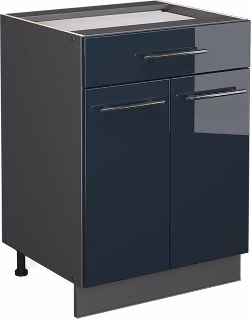 Mobiletto base per cucina Vicco Fame-Line Blu scuro lucido/Antracite con cassetto, senza piano di lavoro, L: 60 cm – 1