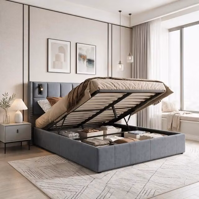 Letto matrimoniale 140x200 cm con contenitore LED lampada da lettura USB Type-C testiera imbottita rete a doghe velluto MDF metallo - grigio