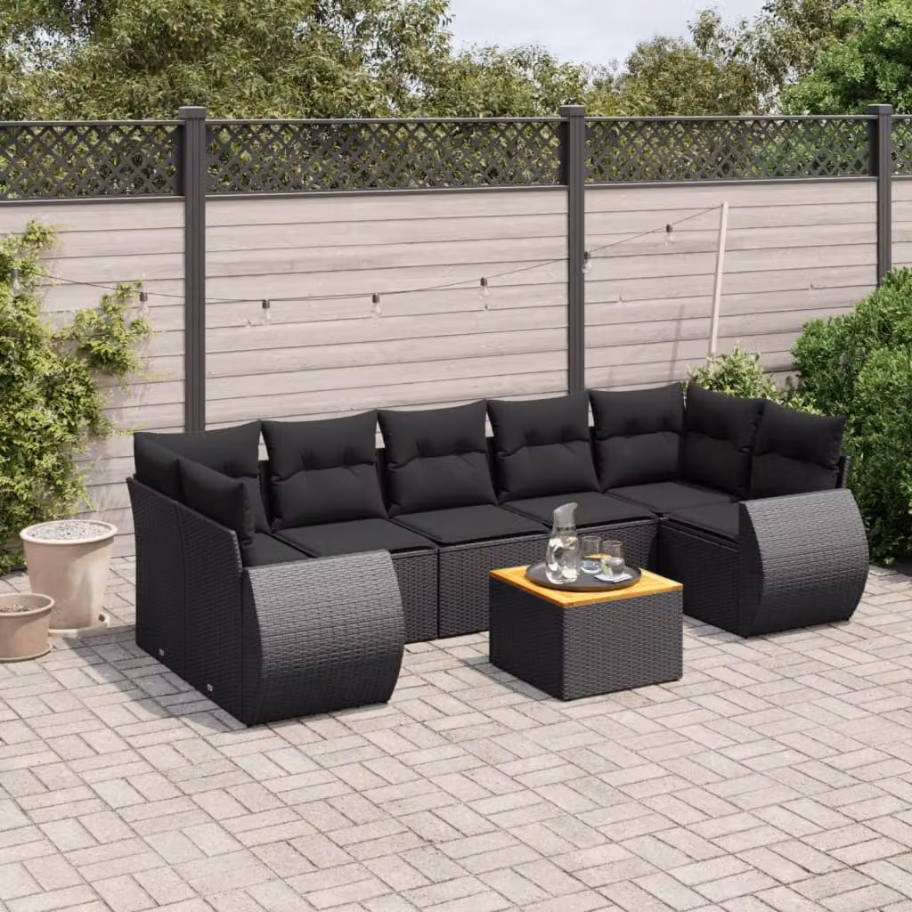 Set Divani da Giardino vidaXL a Forma di L in Polyrattan Nero con 8 Pezzi e Cuscini Inclusi – 1