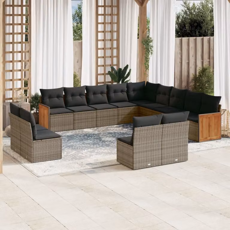 Set di divani da giardino vidaXL a forma di L composto da 13 pezzi in polyrattan e metallo con cuscini grigi e rivestimenti rimovibili