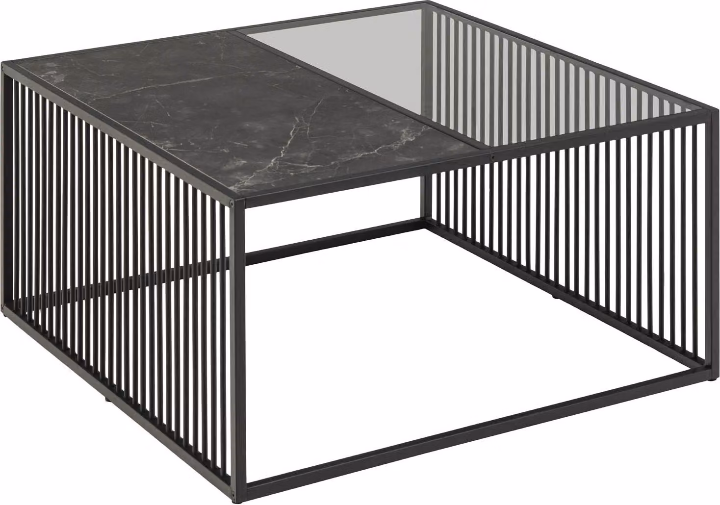 Tavolino Strington 80x80 cm vetro fumé, decoro marmo nero.