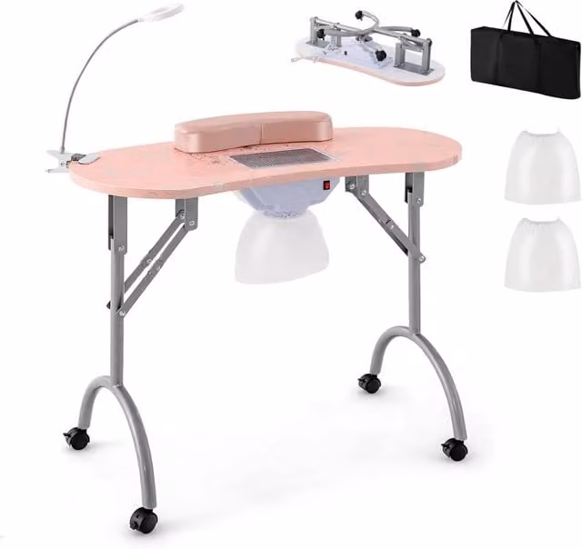 Tavolo per Manicure Pieghevole con Aspiratore e Luce LED Regolabile, Postazione per Unghie Portatile con Cuscino Poggia Polso e Ruote Bloccabili, Rosa e Bianco, Brand COSTWAY