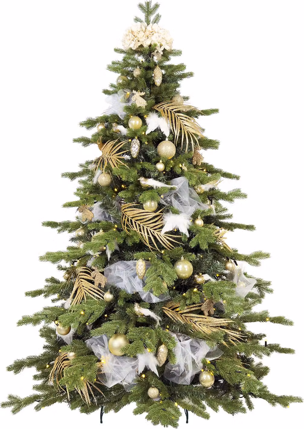 Albero di Natale artificiale decorato con 203 ornamenti PIACERE DI VELLUTO II 270 cm con supporto e ornamenti natalizi verde