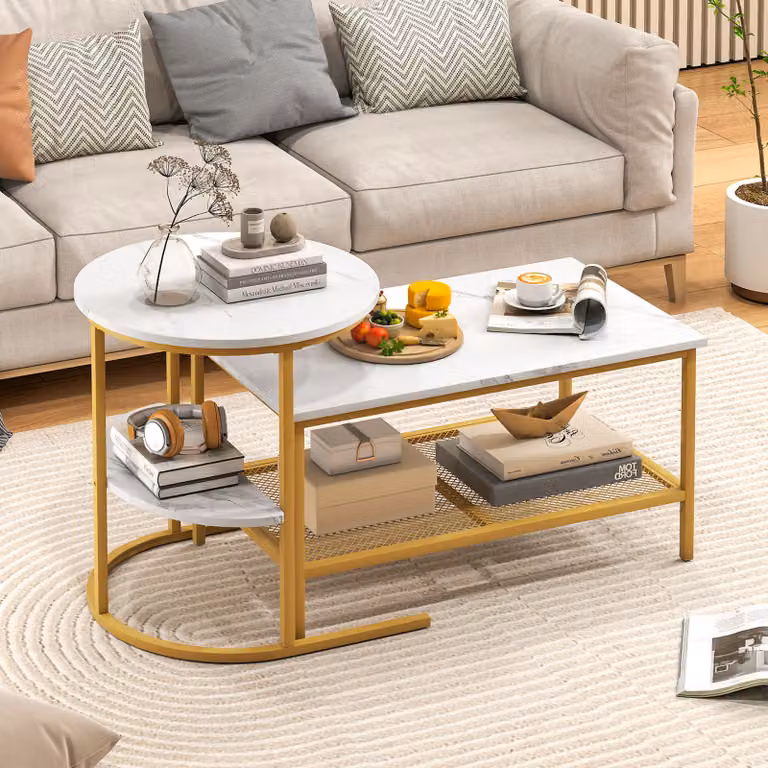 Set di tavolini da caffè componibili 2 in 1 Costway con piano in marmo sintetico e scaffale, tavoli rotondo e rettangolare per soggiorno o camera da letto, Oro e Bianco