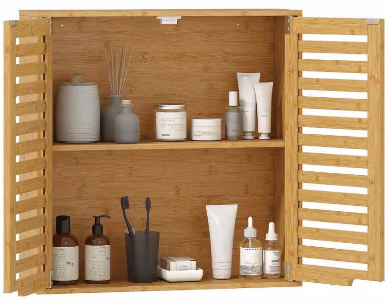 Mobiletto da bagno – Pensile da montare sopra il water – Bambù – Ante a lamelle traspiranti – Ripiano interno regolabile – 60 x 20 x 60 cm – Legno naturale