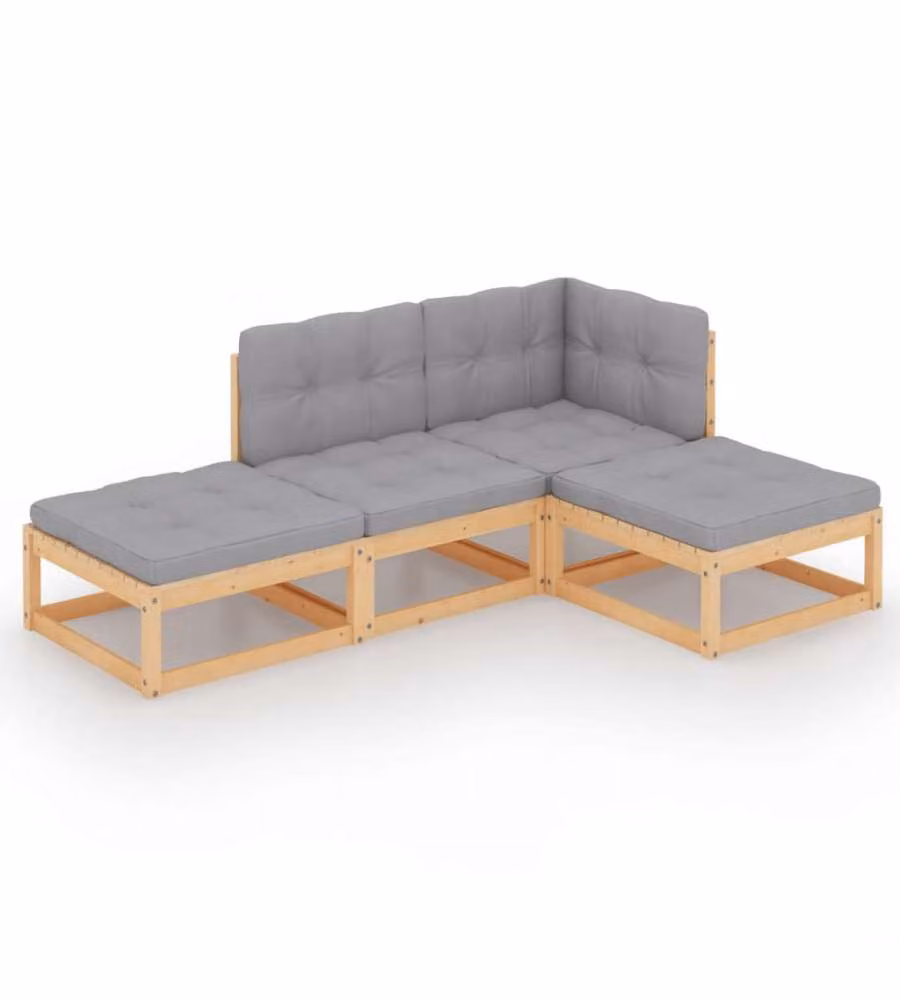Set di Divani da Giardino a L vidaXL in Legno Massello di Pino con Cuscini Grigi, 4 Pezzi – 2