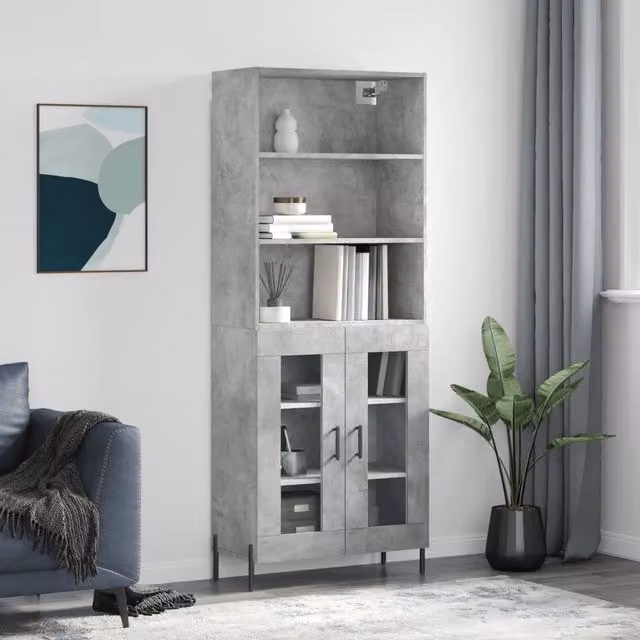 Credenza moderna vidaXL in legno, metallo e vetro, colore grigio, L: 69,5 cm, P: 34 cm, H: 180 cm – 1