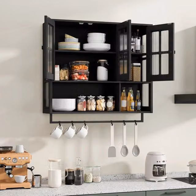 Armadietto da bagno sospeso OKWISH in MDF nero con 3 ante in vetro scanalato e ripiani interni L: 88 cm, P: 26 cm, H: 82,5 cm