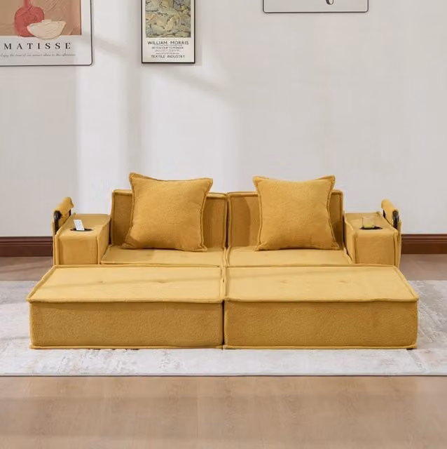Pouf modulare in chenille senape 162x78x66 cm con 2 cuscini e tasche laterali